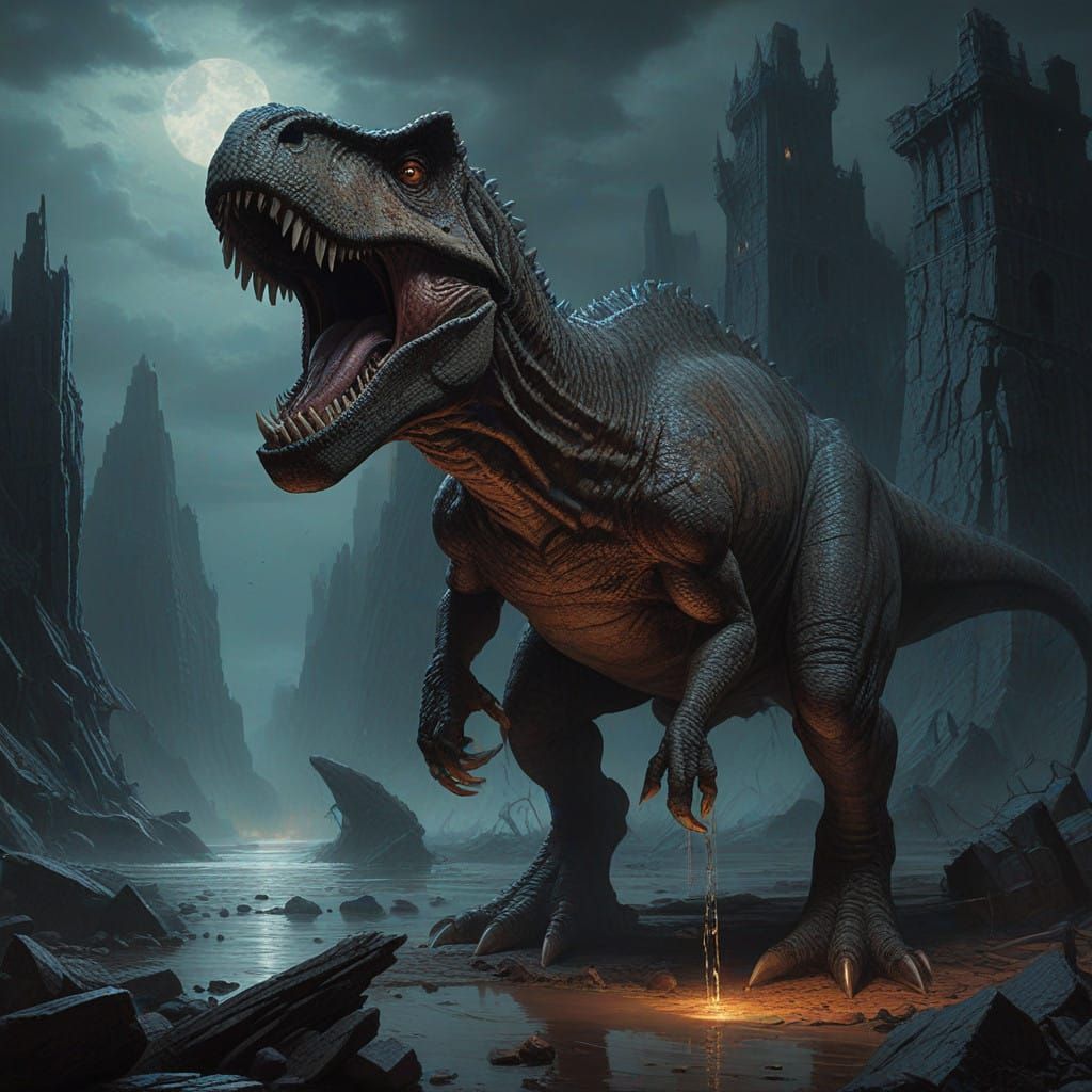 Tyrannosaurus Rex Menaces Prehistoric Landscape in Dark, Eer...