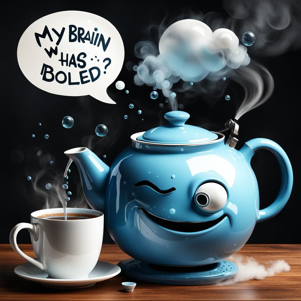 Teapot and mug are talking, chat bubble steam comes out of the pipe of the teapot
Text: My brain water has boiled!