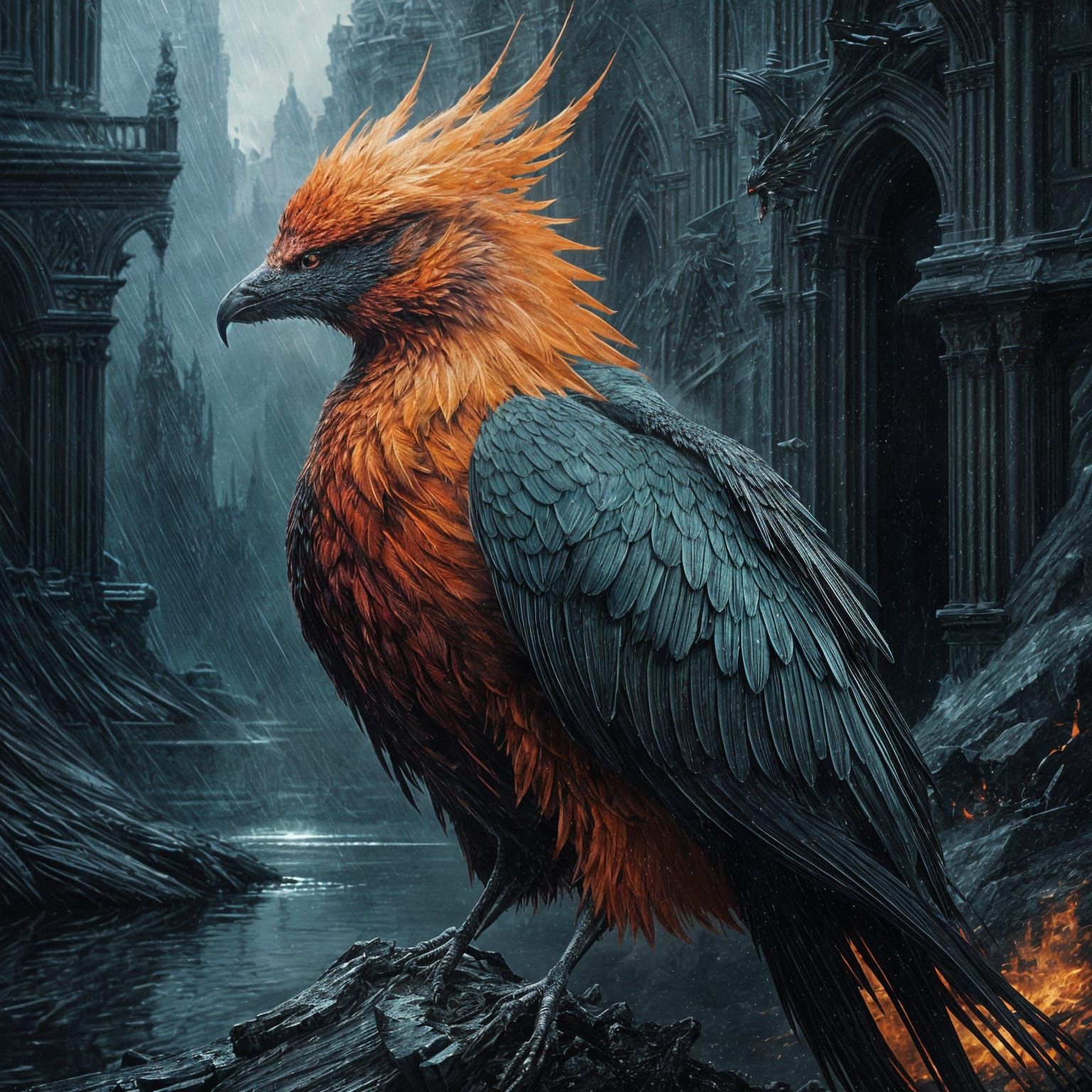 Mystical Firebird Rising: Dark Fantasy Oil Painting