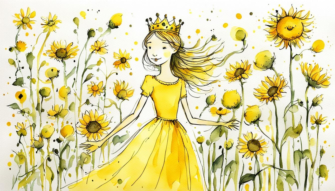 Sunflower Princess in Watercolor Gouache Style