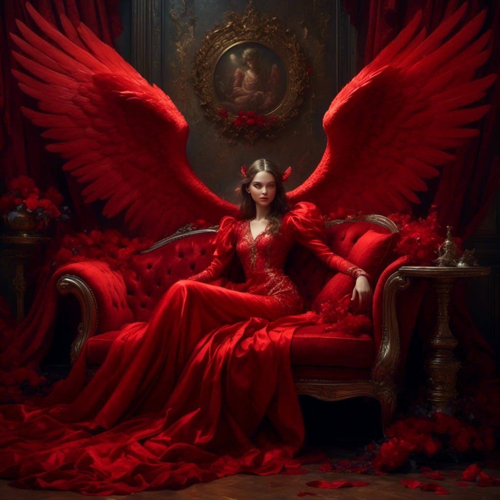 Red-Winged Angel in Velvet, Fantasy Illustration