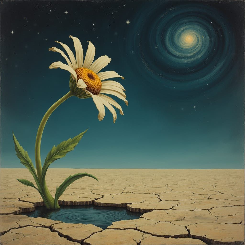 Melancholic Daisy in Cosmic Landscape, Surrealist Style
