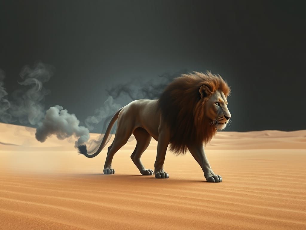 Ethereal Smoke Lion Walking Across a Desert