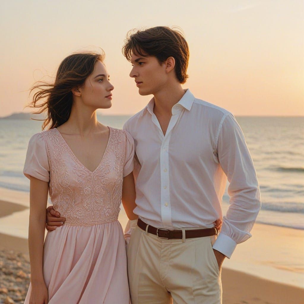 Romantic Couple Stands Before the Sea in Soft Focus