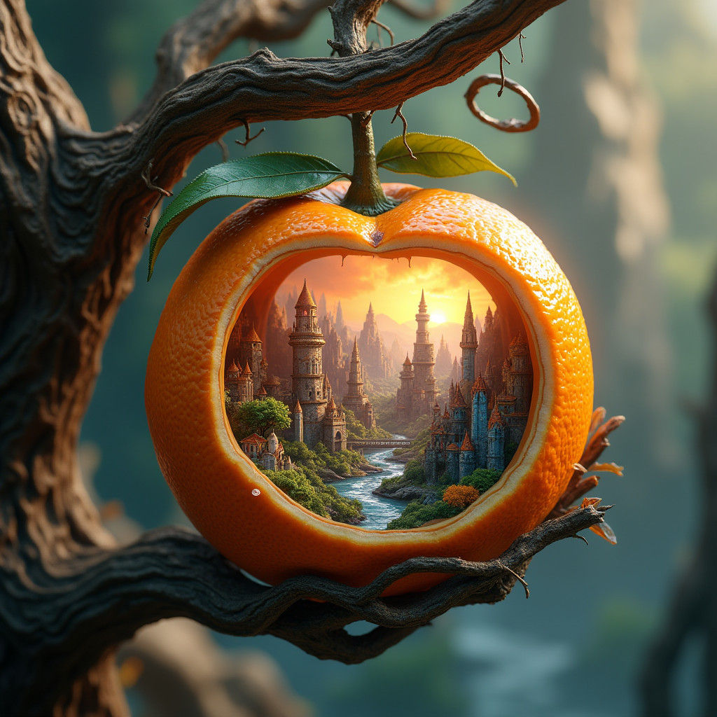Miniature City Inside Orange Hanging From Mystical Tree