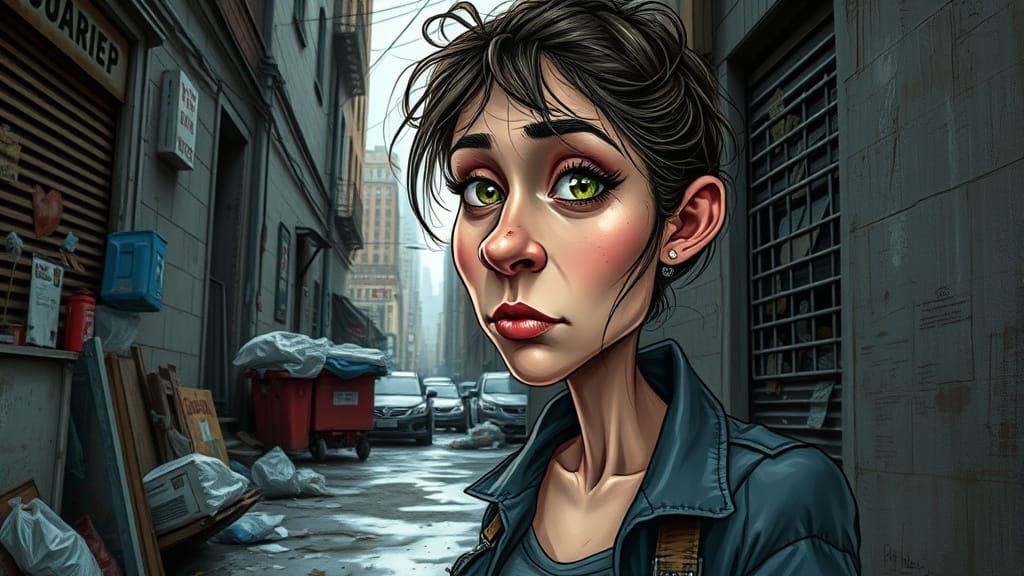 Gritty Urban Caricature of a Young Woman with Determined Spi...