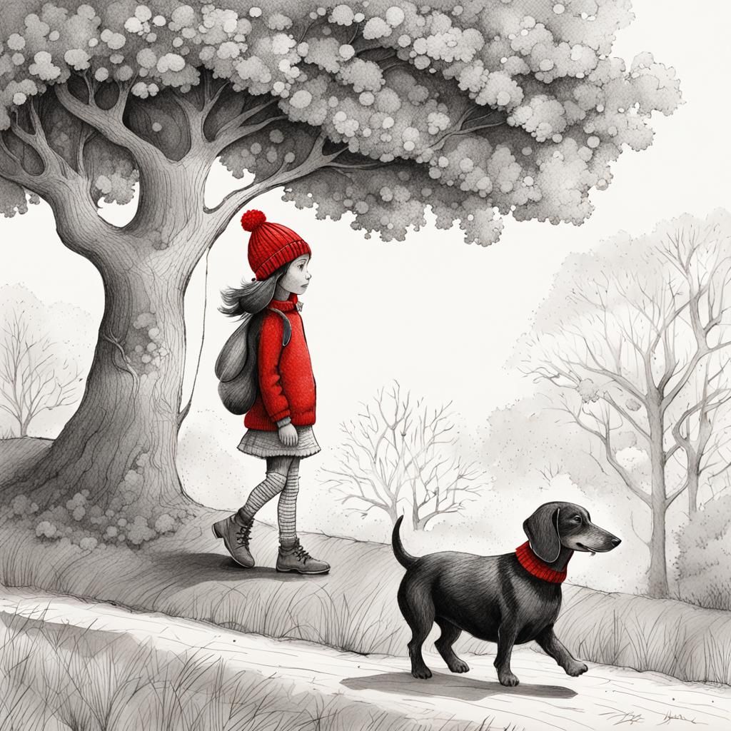 Girl and Dachshund in Black and White Illustration