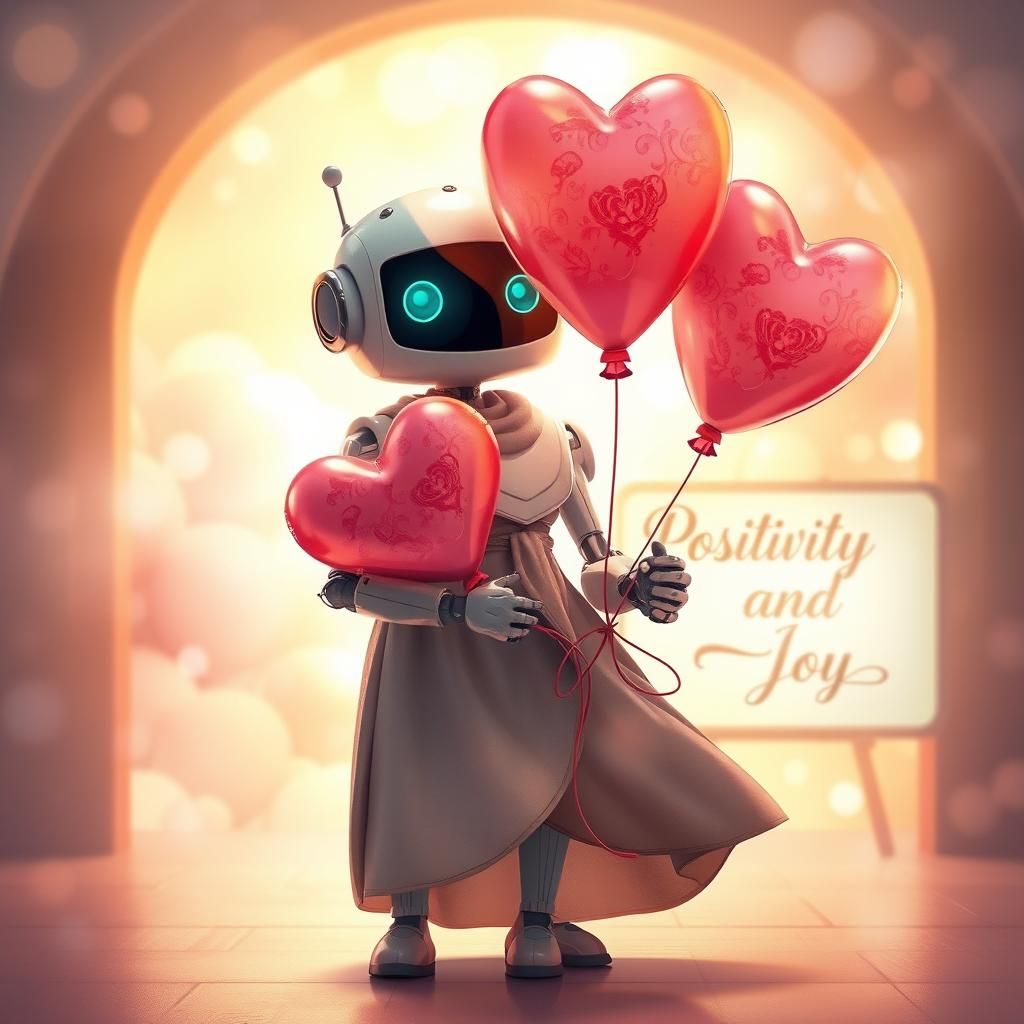 Whimsical Robot with Balloons in Watercolor Haze