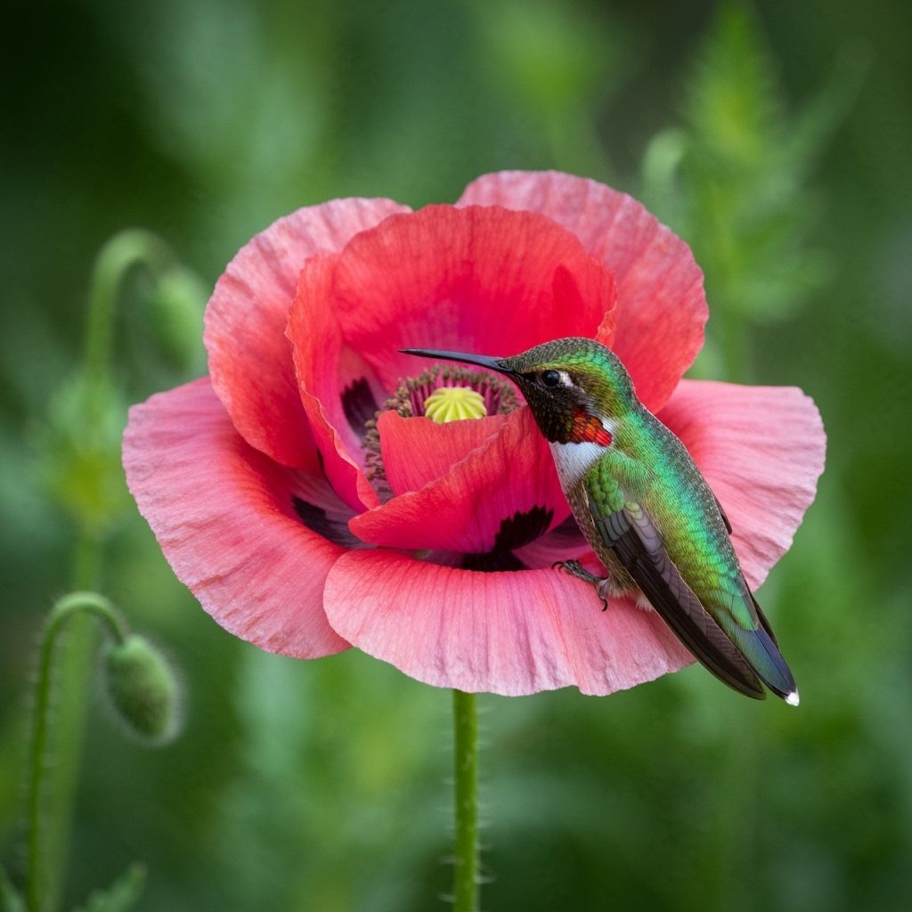 Hummingbird and Siamese Cat in Bioluminescent Glow