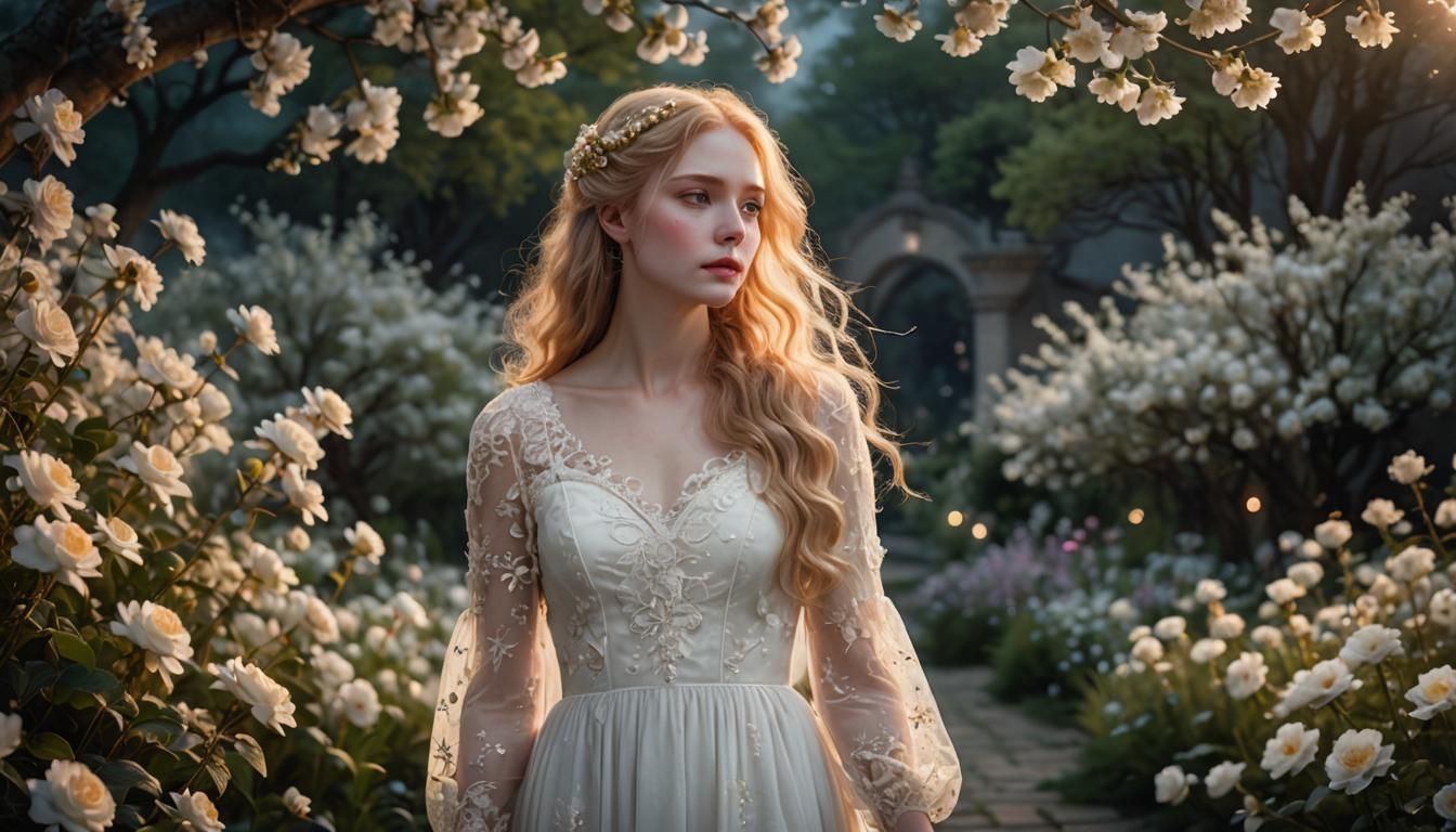 Lady in White Gown in Moonlit Garden