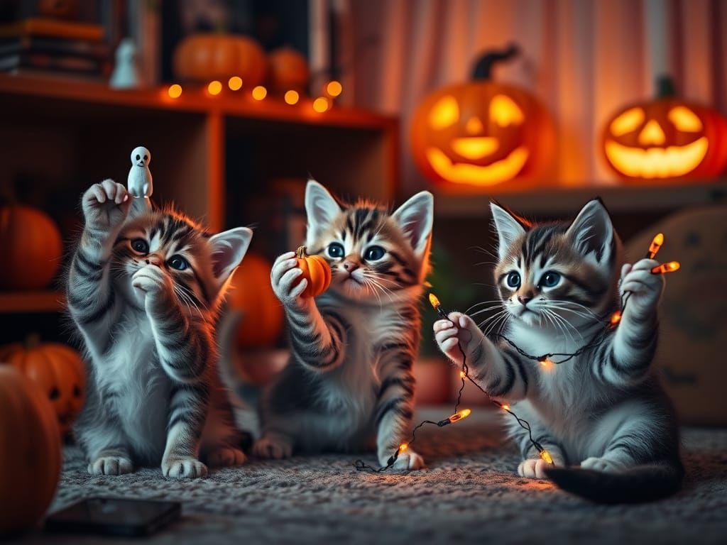 Adorable Kittens Decorate for Halloween in Cozy Living Room
