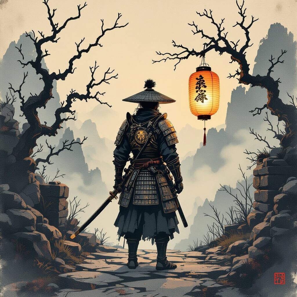 Samurai with Lantern on Misty Mountain Path