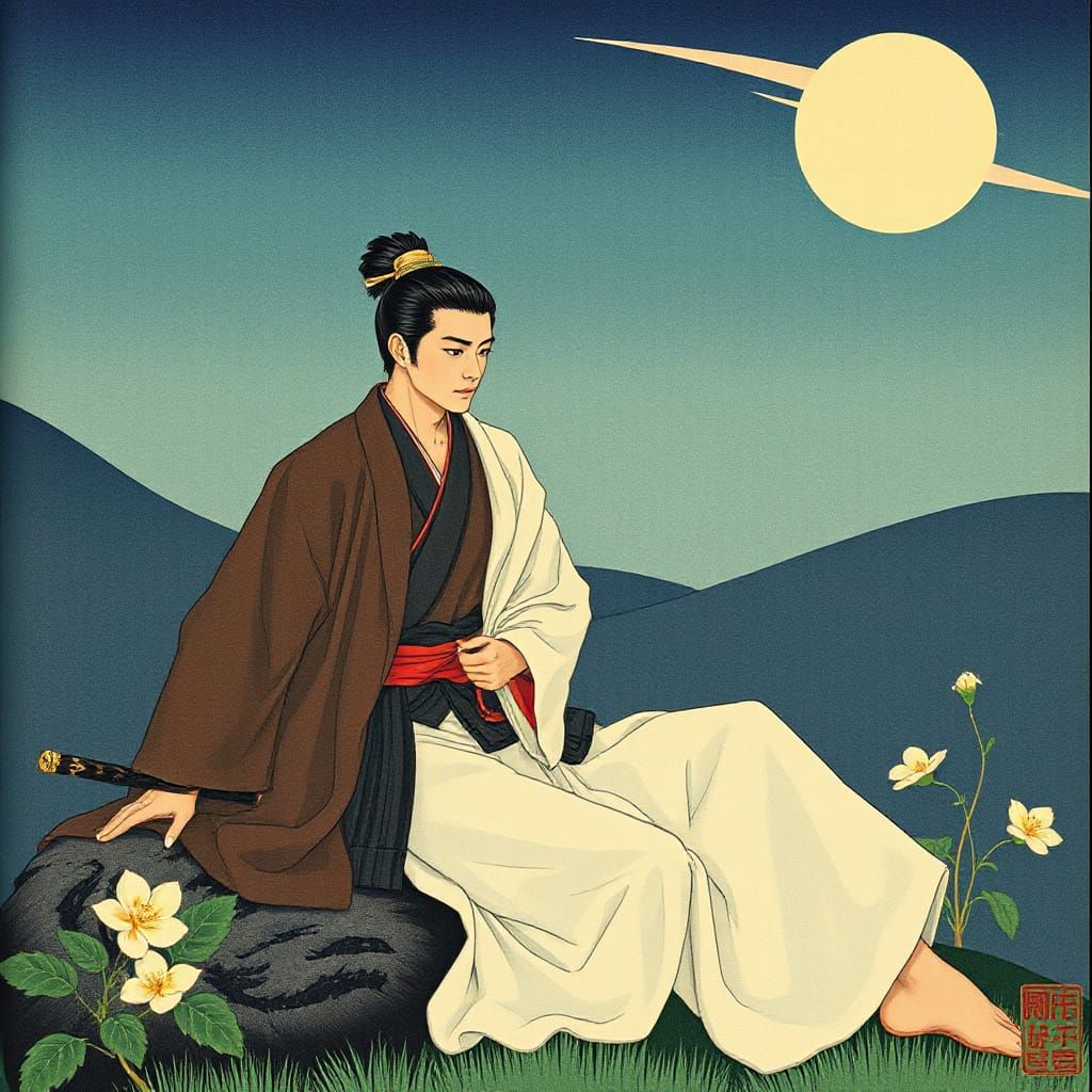 Elegant Gay Samurai in Moonlit Garden