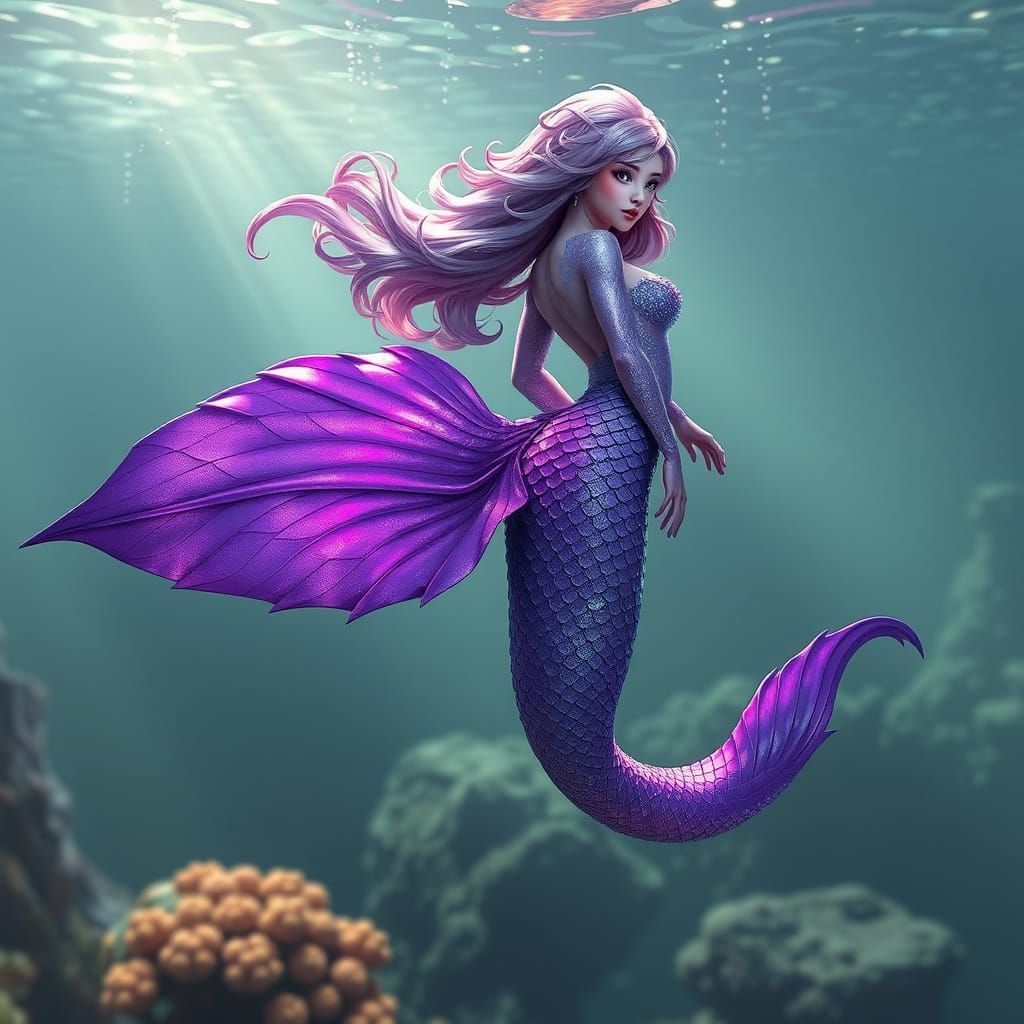 Iridescent Purple Tailed Mermaid in Stylized 3D Anime Art