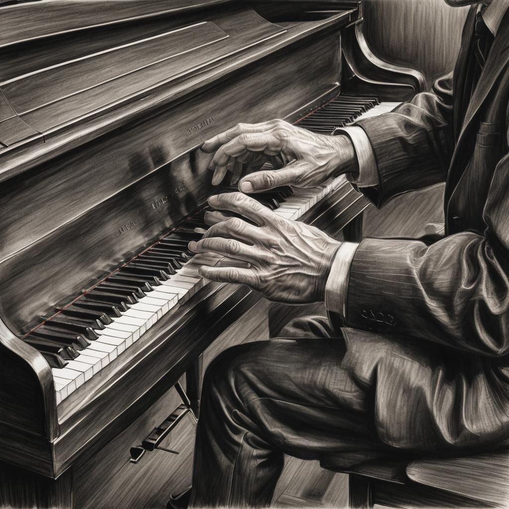 Musician's Hands Playing Piano: Charcoal Drawing
