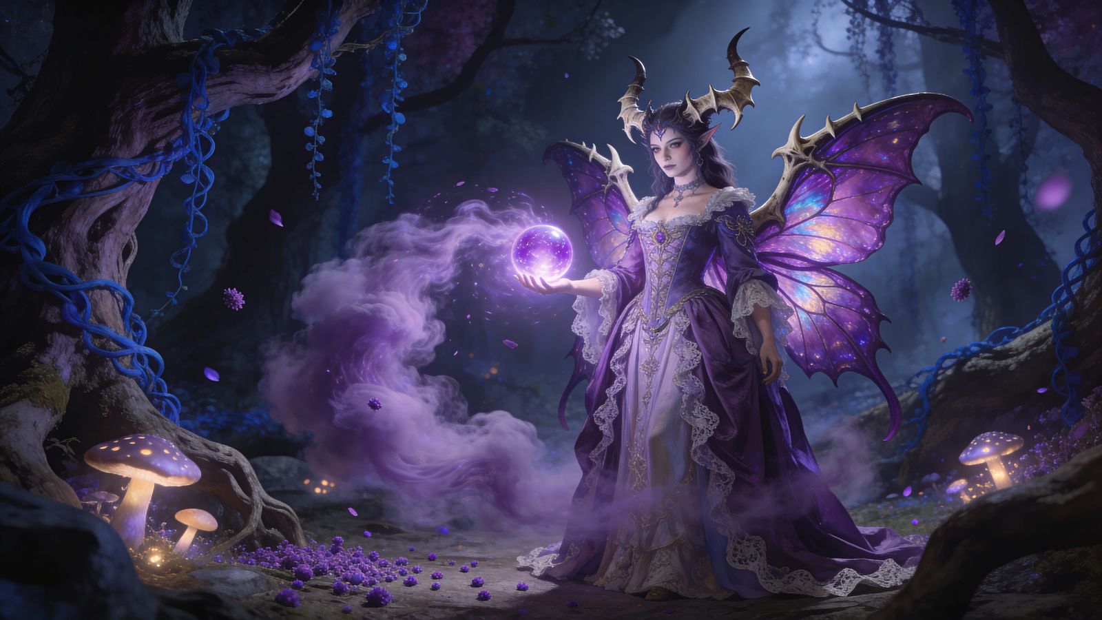 Tiefling Sorceress with Butterfly Wings in Baroque Forest