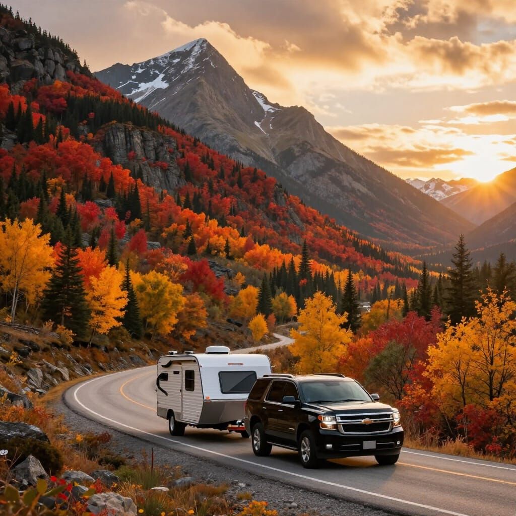 Black Tahoe Towing Trailer Through Fall BC Rockies