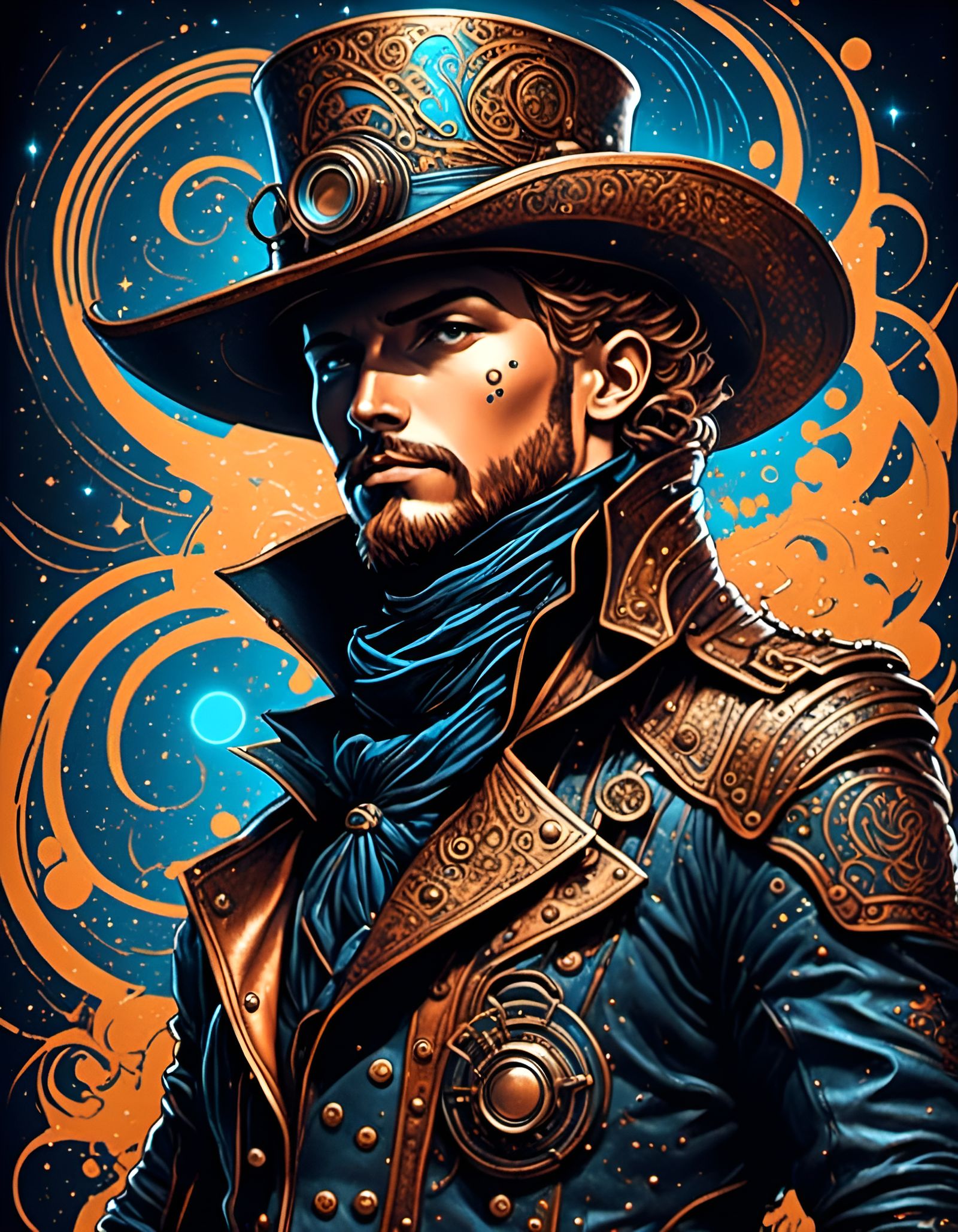 Steampunk Cowboy with Copper Armor and Blue Sparks