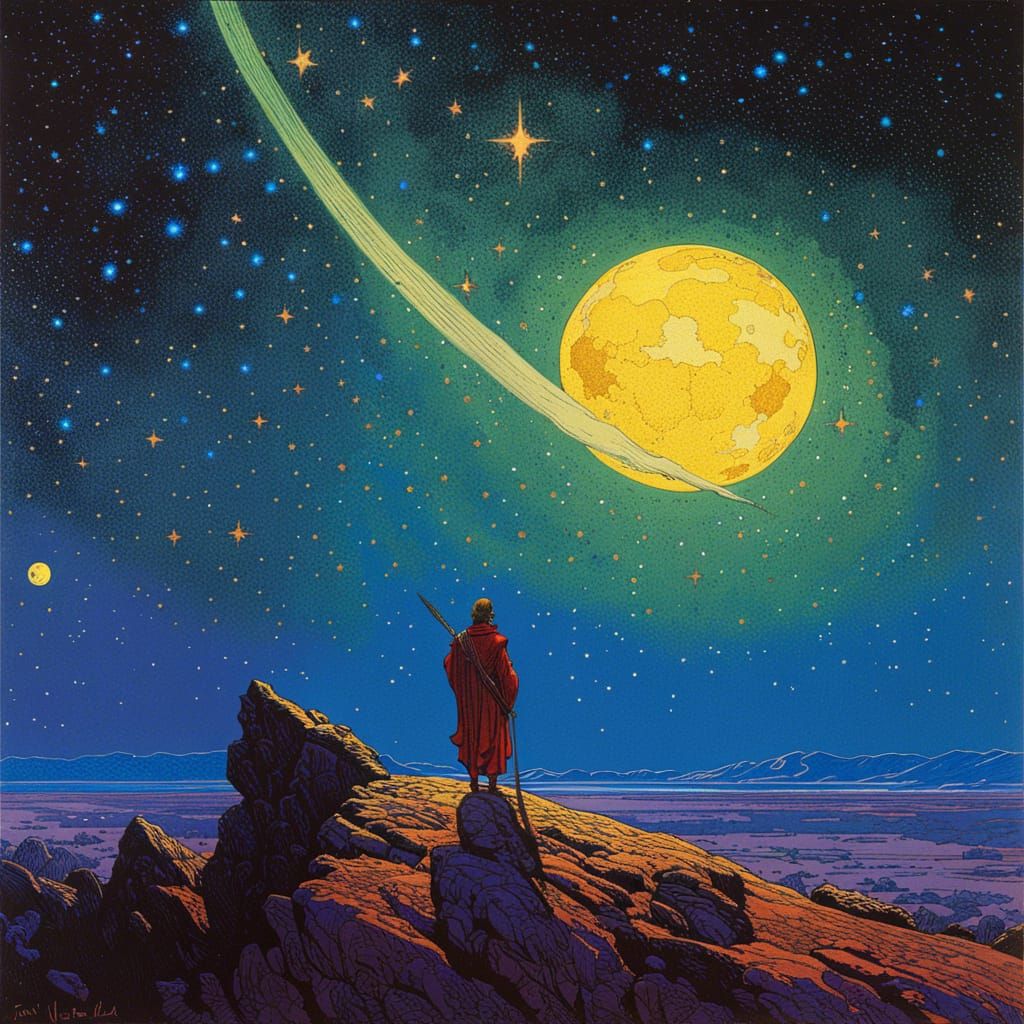 Angelic Starry Night in Moebius Style