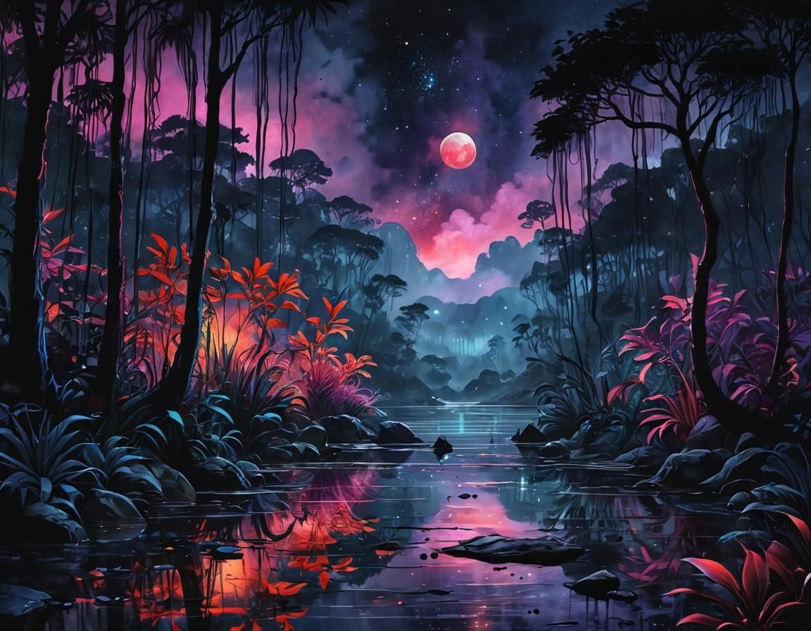 Neon Rainforest Sunset: Watercolor Fantasy Landscape