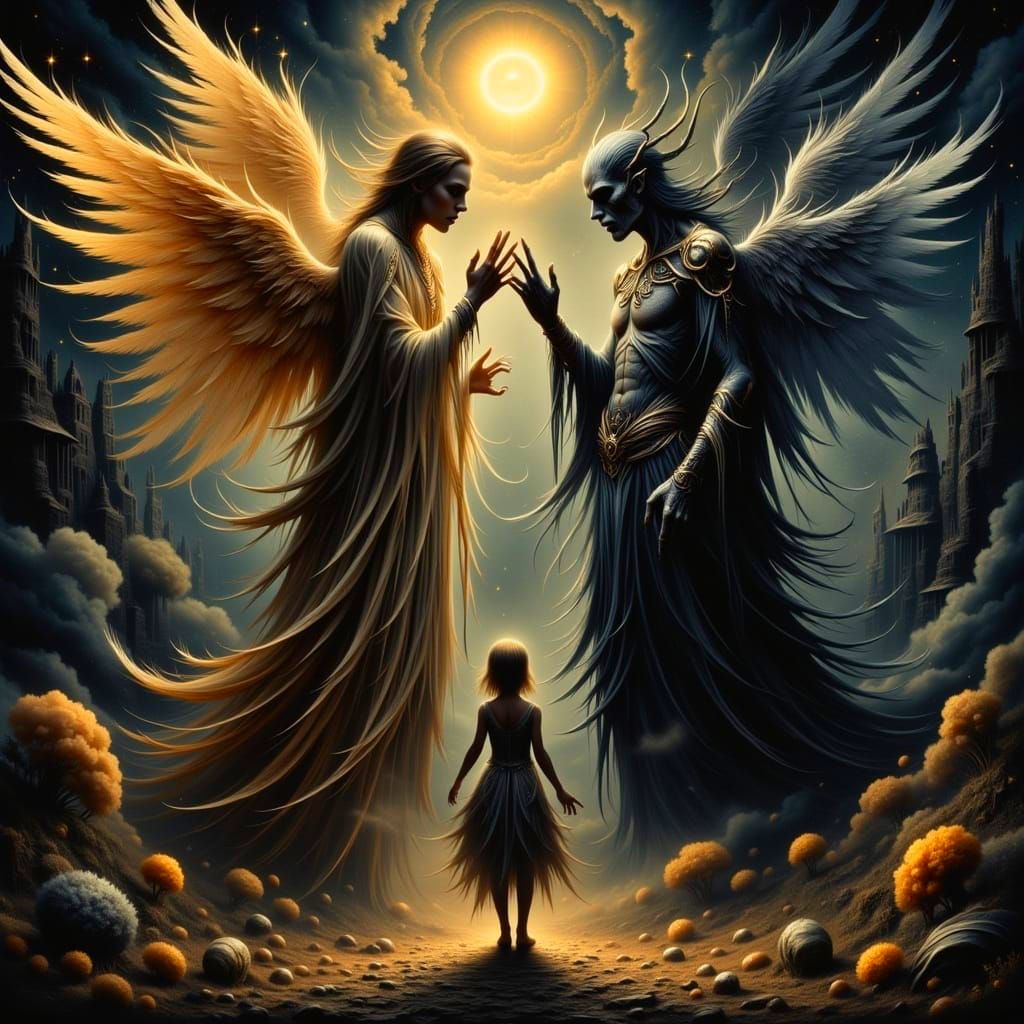Angel of Light vs Demon of Darkness in a Surreal Starry Stru...