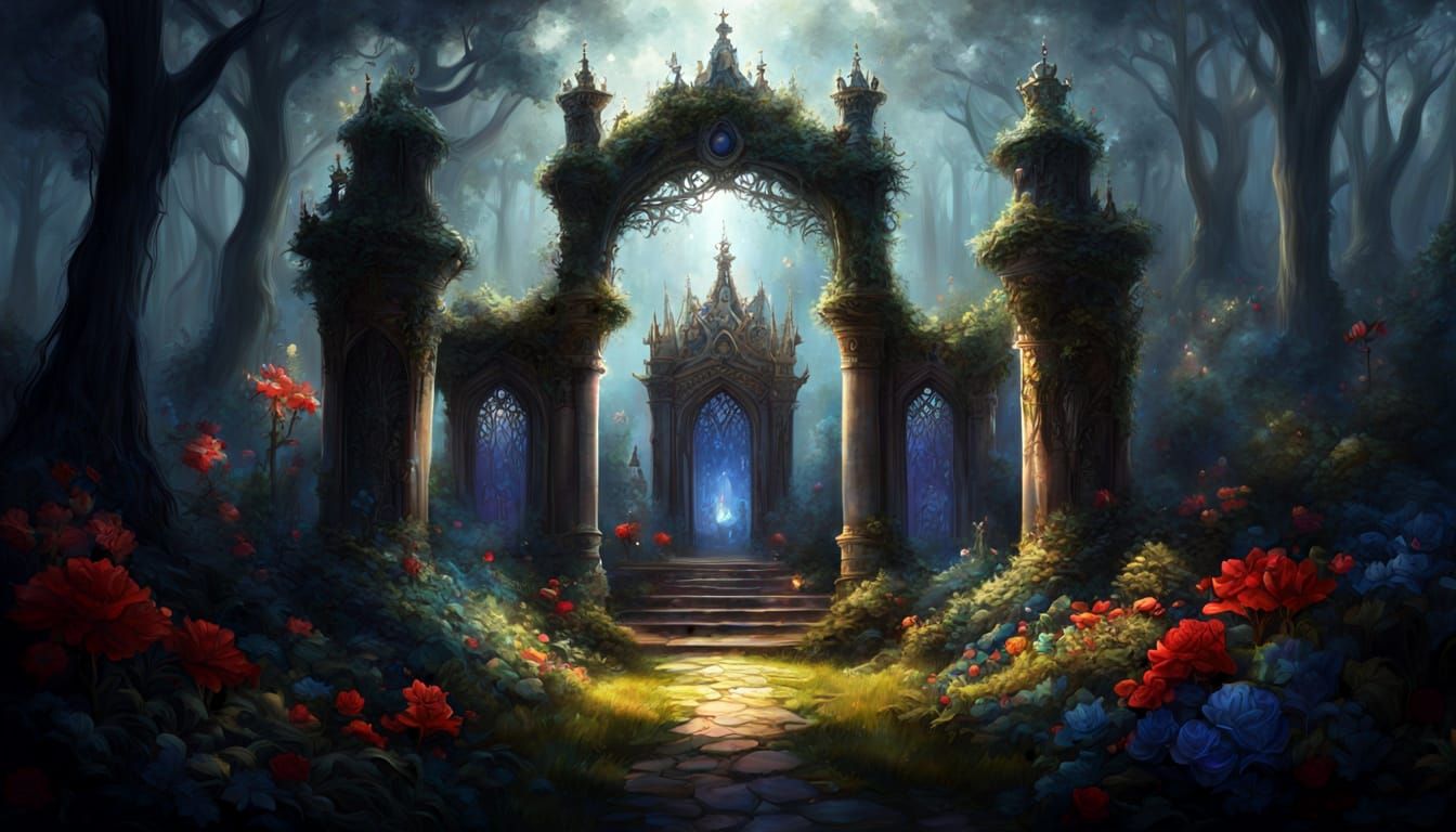 Overgrown Thrones in Enchanted Garden Oil Painting