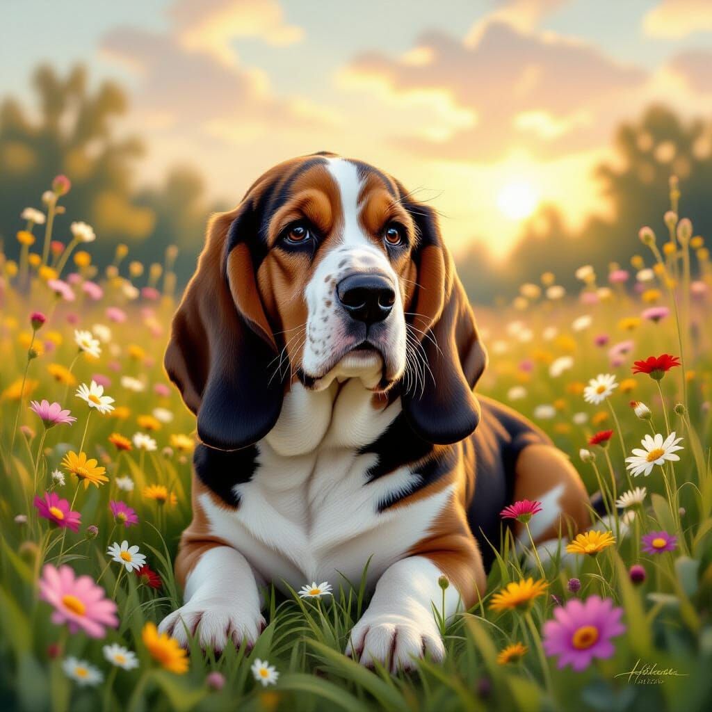 Basset Hound in Wildflower Field, Golden Light