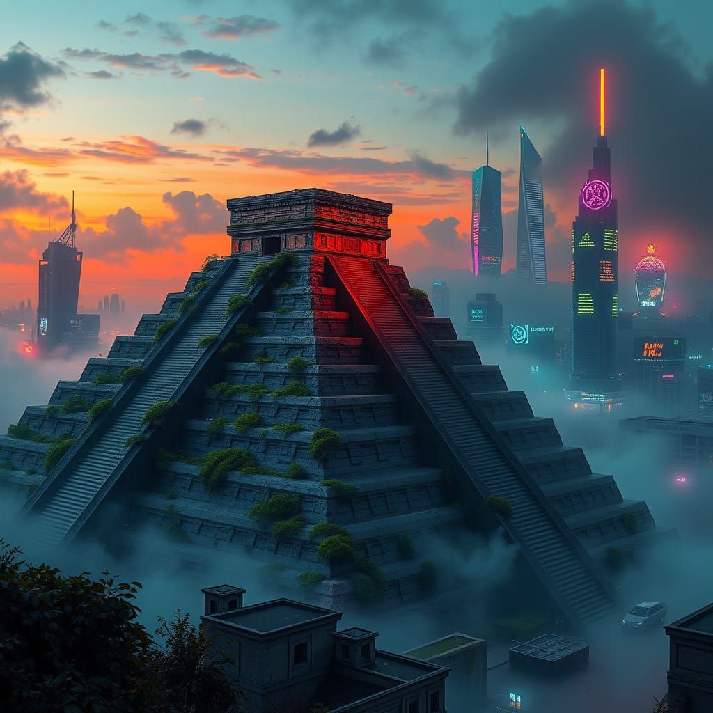Ancient Futuristic Aztec Pyramid in Neon-Lit Metropolis
