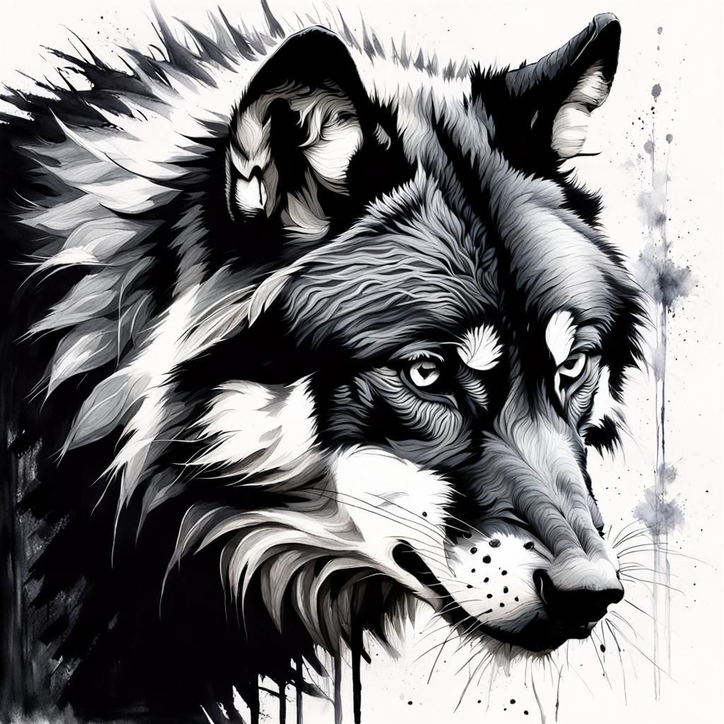 Monochrome Wolves Portrait in Charcoal Painting Style
