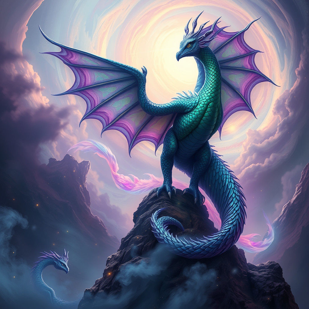 Iridescent Peacock Dragon on Ancient Ruins