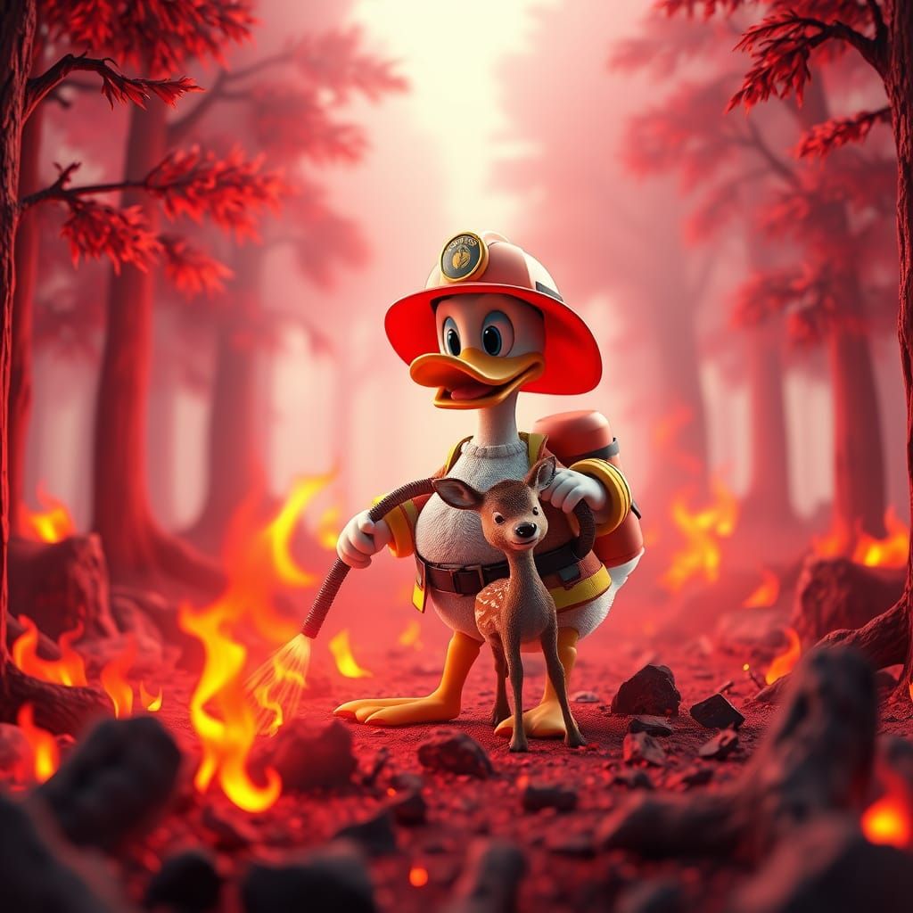 Duck Firefighter Rescues Fawn From Forest Fire as 3D Art