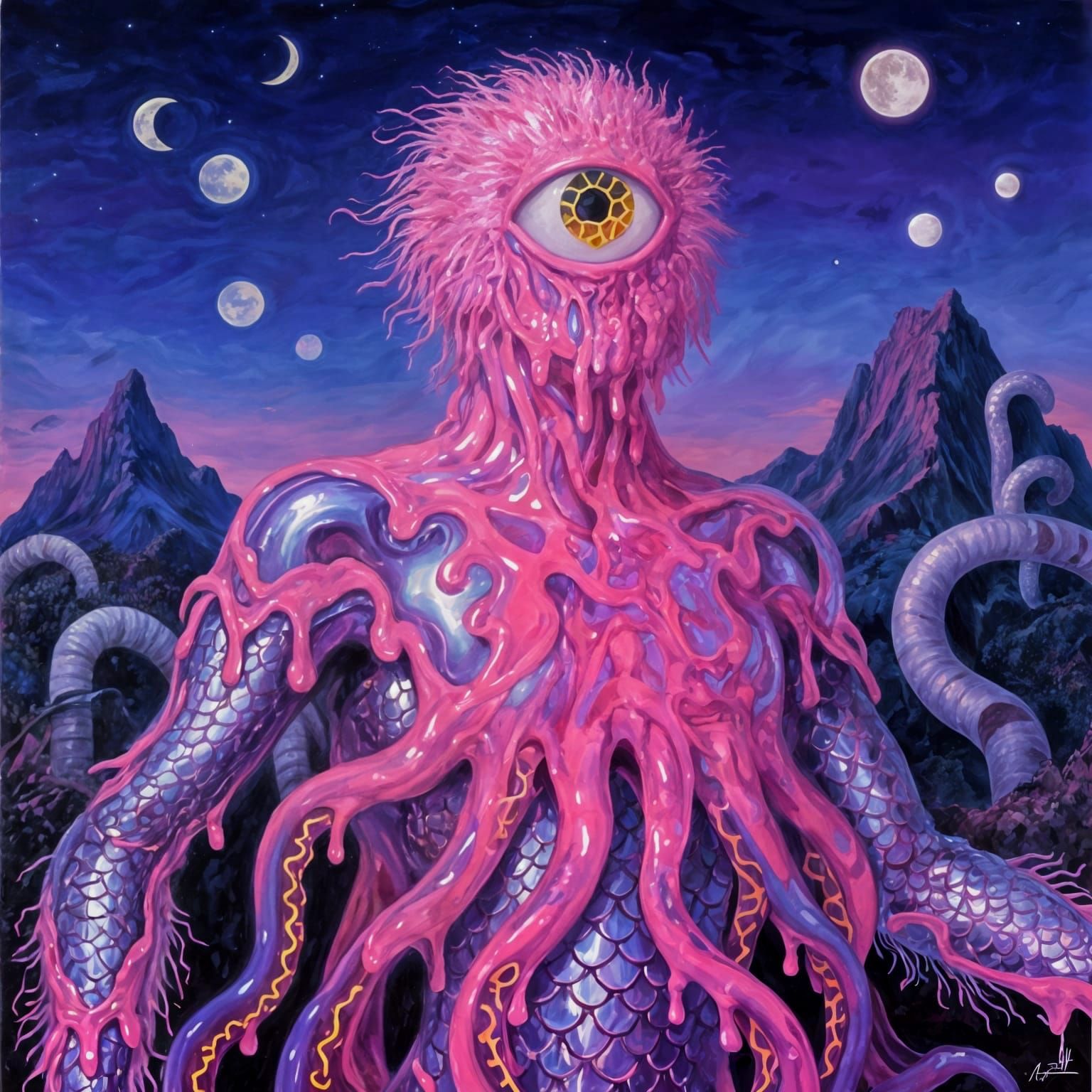 Hot Pink & Purple Bubble Humanoid in Tubular Mountains