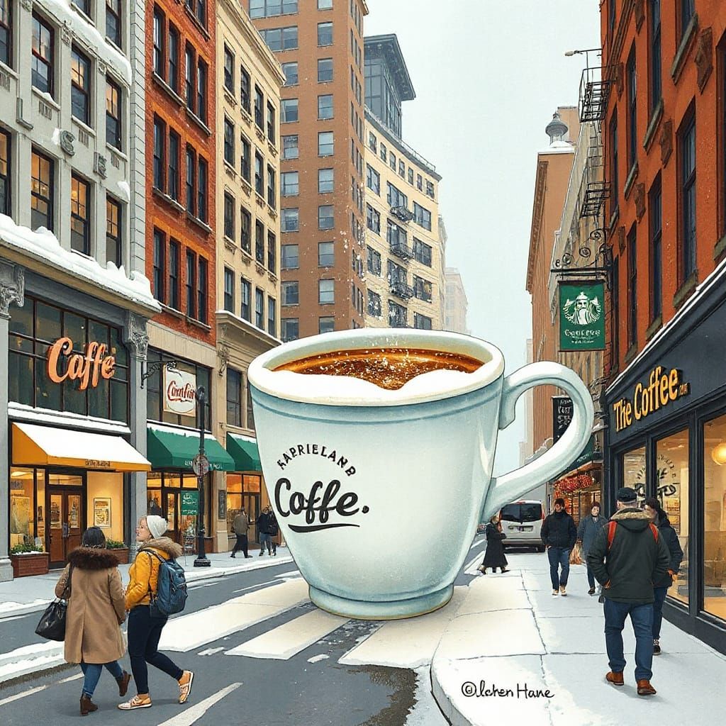 Snowy City Street with Giant Coffee Cup Building