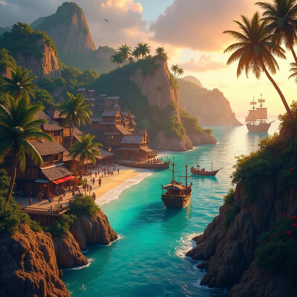 Caribbean Pirate Town at Dusk: A Digital Rendering