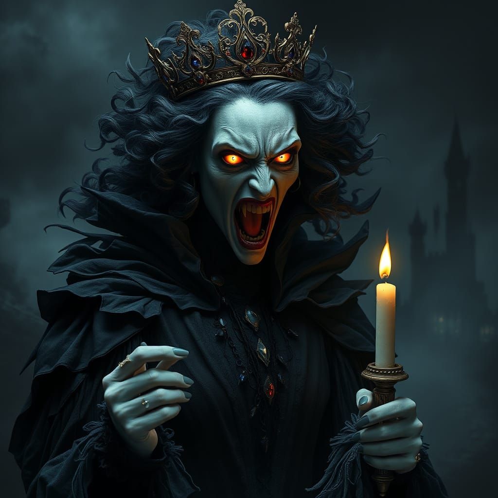 Ghostly Vampire Queen in Rage with Candle, Dark Background