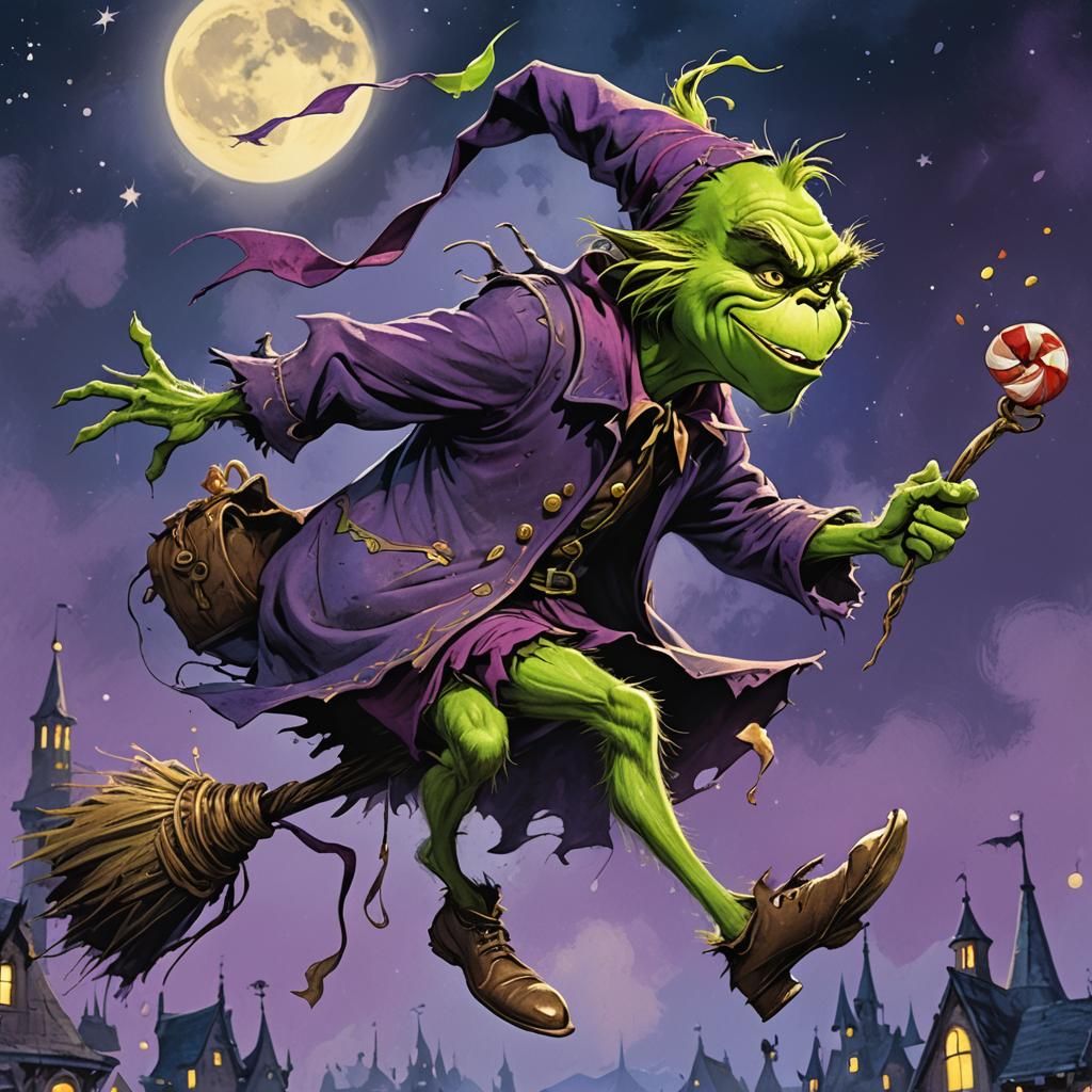 The Grinch as Witch Flying in Midnight Sky