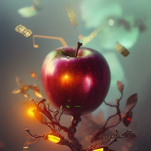 Steampunk Mechanical Apple with Cityscape, Octane Render