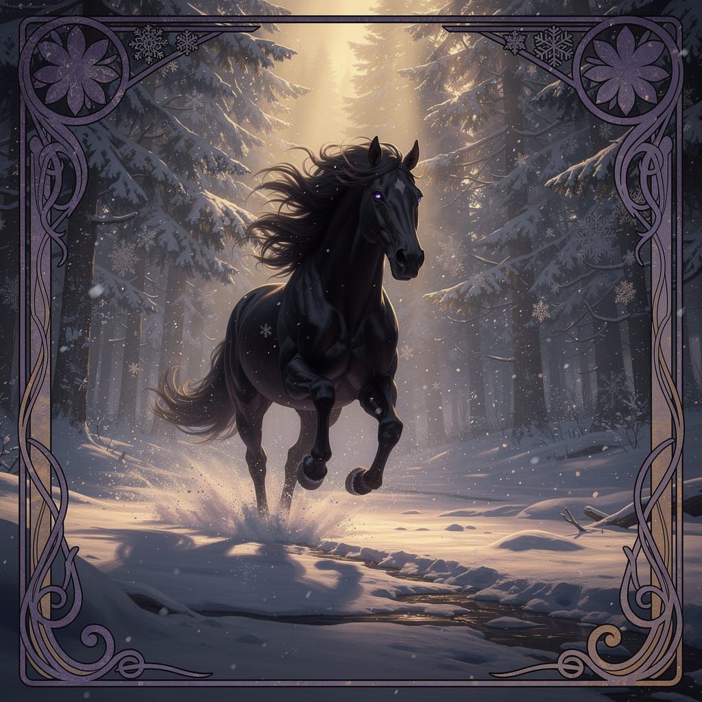 Majestic Black Horse Gallops Through Snowy Forest