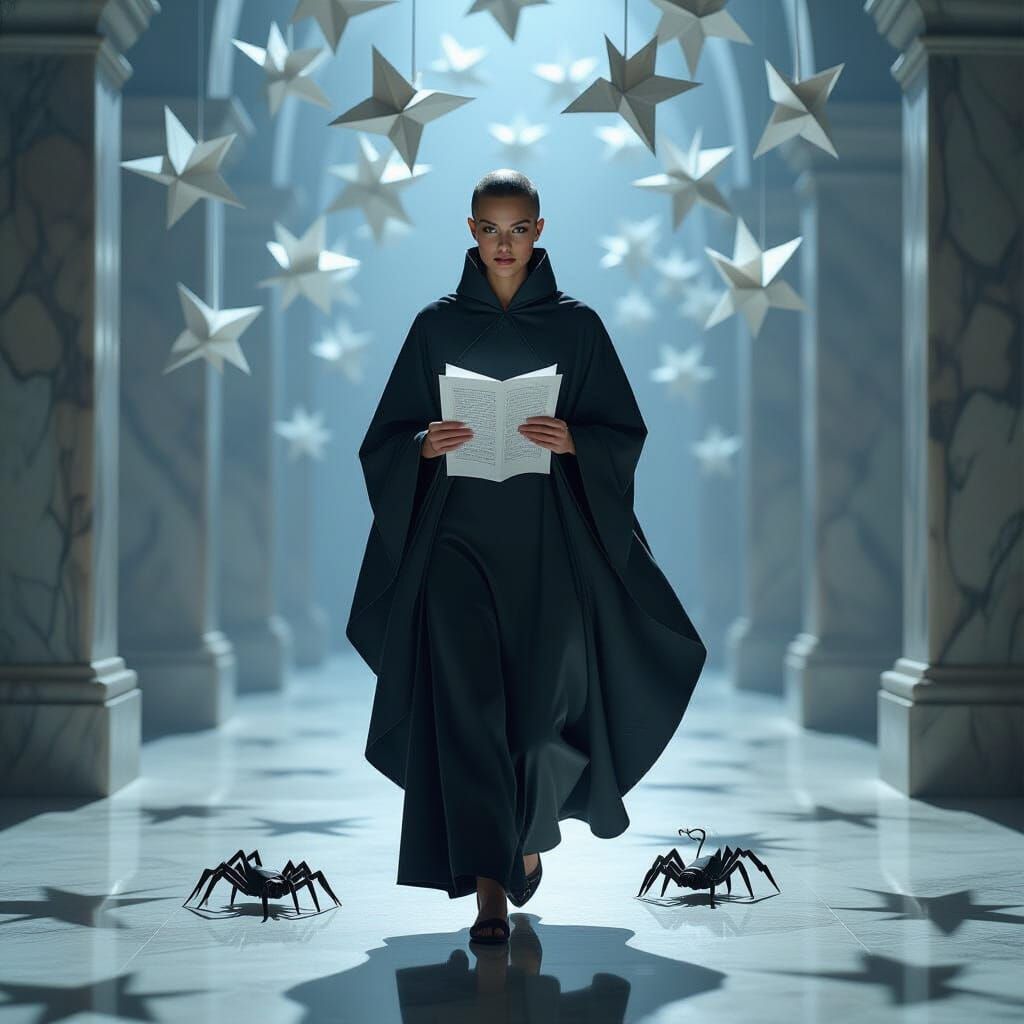 Origami Navigator in Shadowed Atrium