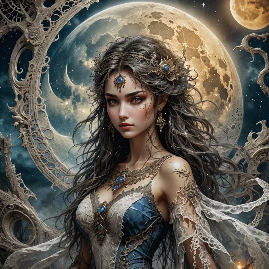 Winking Moon Fantasy Art in Mixed Media Style