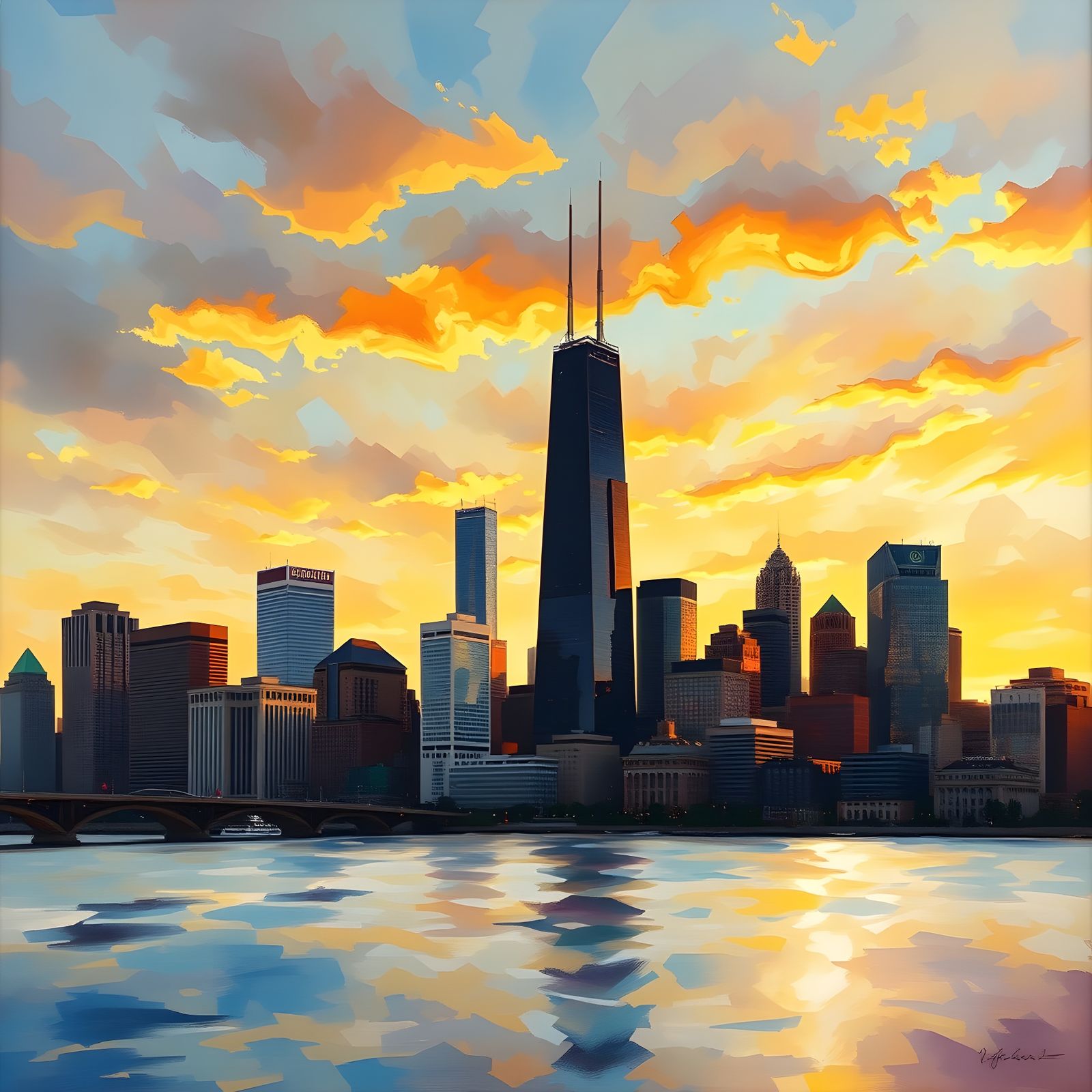 Chicago Skyline Watercolor in Impressionistic Style