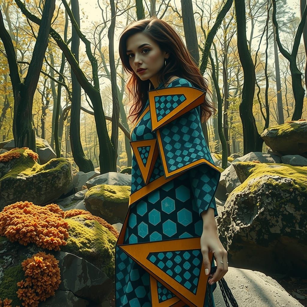 Woman in Vibrant Cubist Forest