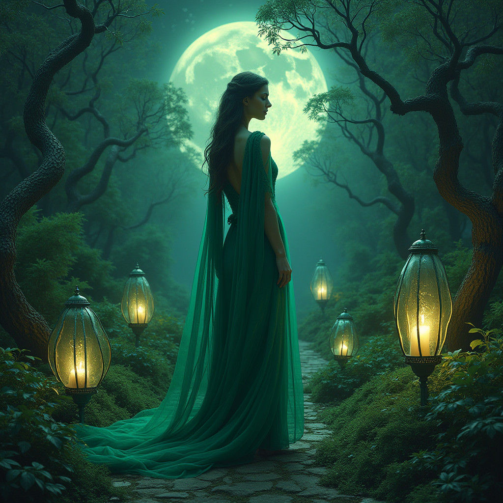 Mystical Woman in Viridian Robes in Silver Garden