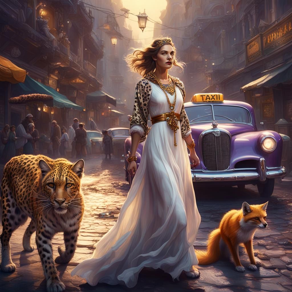 Fantasy Woman with Leopard and Taxi, Detailed Digital Art