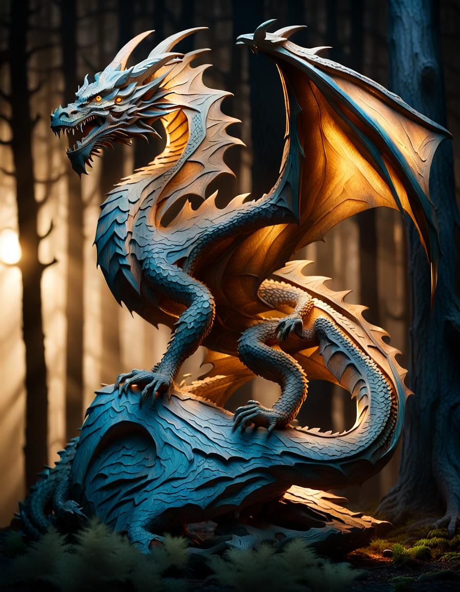 Detailed Wooden Dragon Sculpture in Misty Forest