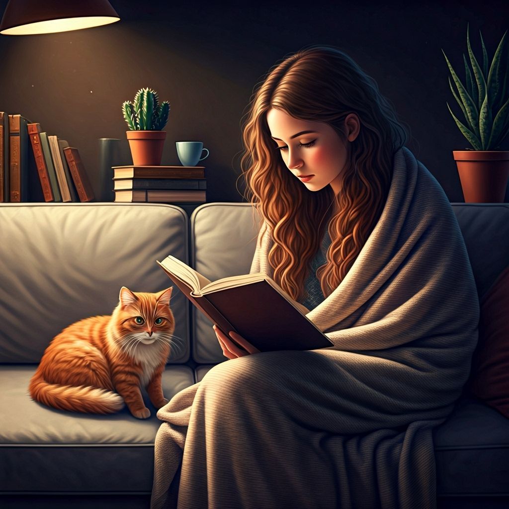 Cozy Evening Reading Nook with Ginger Cat