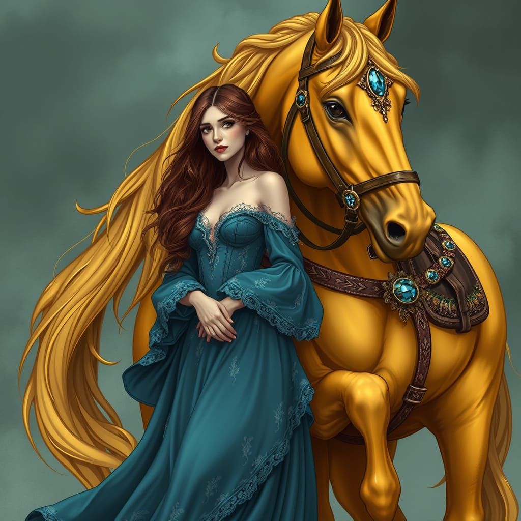 Majestic Golden Horse with Woman in Blue Gown