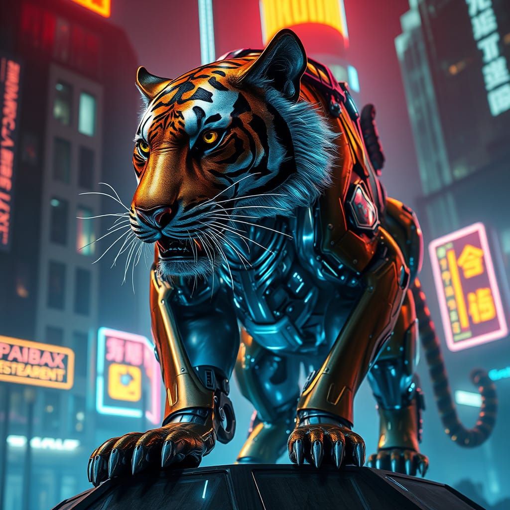 Futuristic Cyberpunk Tiger in Neon Cityscape