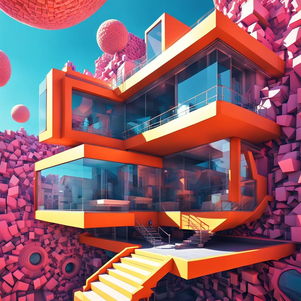 Solar-Punk Labyrinth House in Escher Style