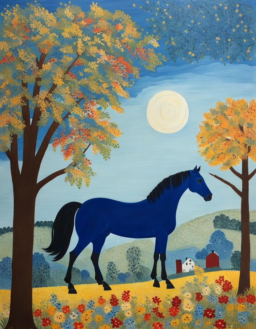 Blue Horse in Naive Folk Art Style